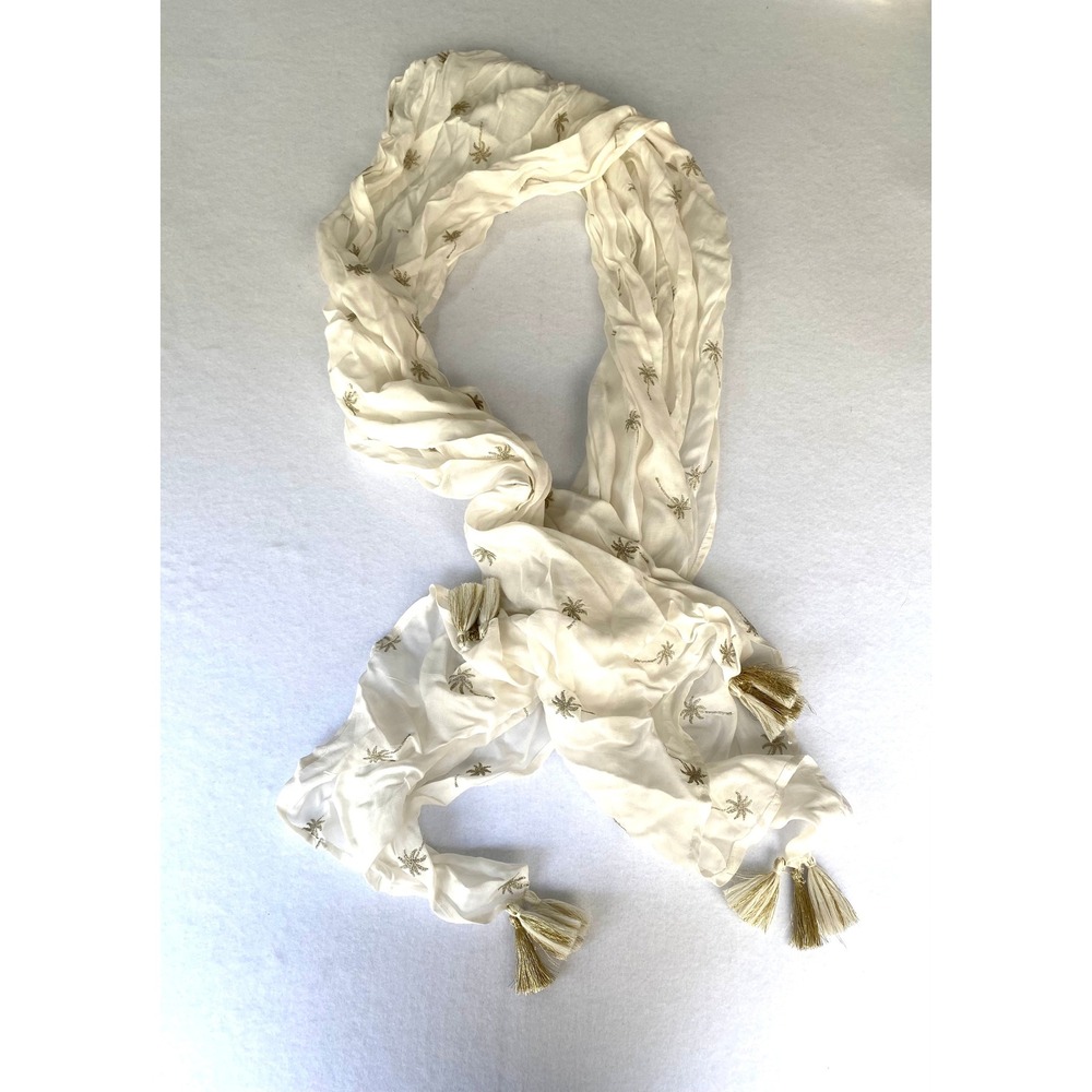 Tommy Bahama White Gold Metallic Embroidered Palm Tree Tassel Scarf Wrap